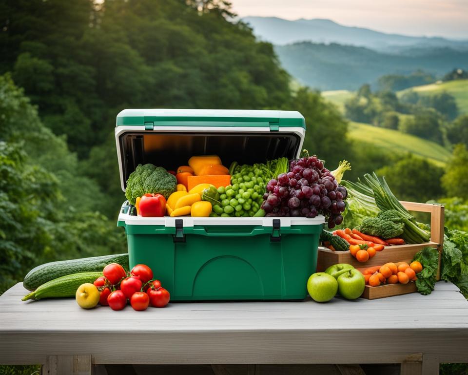 A hard cooler filled with fresh, vibrant produce sits on a bed of ice as it travels down a winding road, surrounded by lush greenery and rolling hills in the distance.